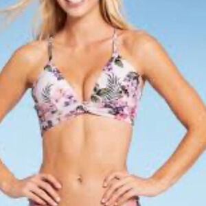 Shade&Shore, 34C, NWT, white, floral twist front plunge, crisscross, back, tie,